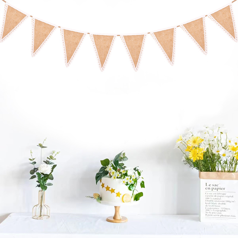 厂家直供 蕾丝花边麻布三角旗 欧美圣诞婚礼派对装饰拉旗