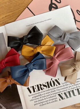 韩国东大门春夏新款气质网红PU皮质交叉蝴蝶结发夹10cm发饰J075