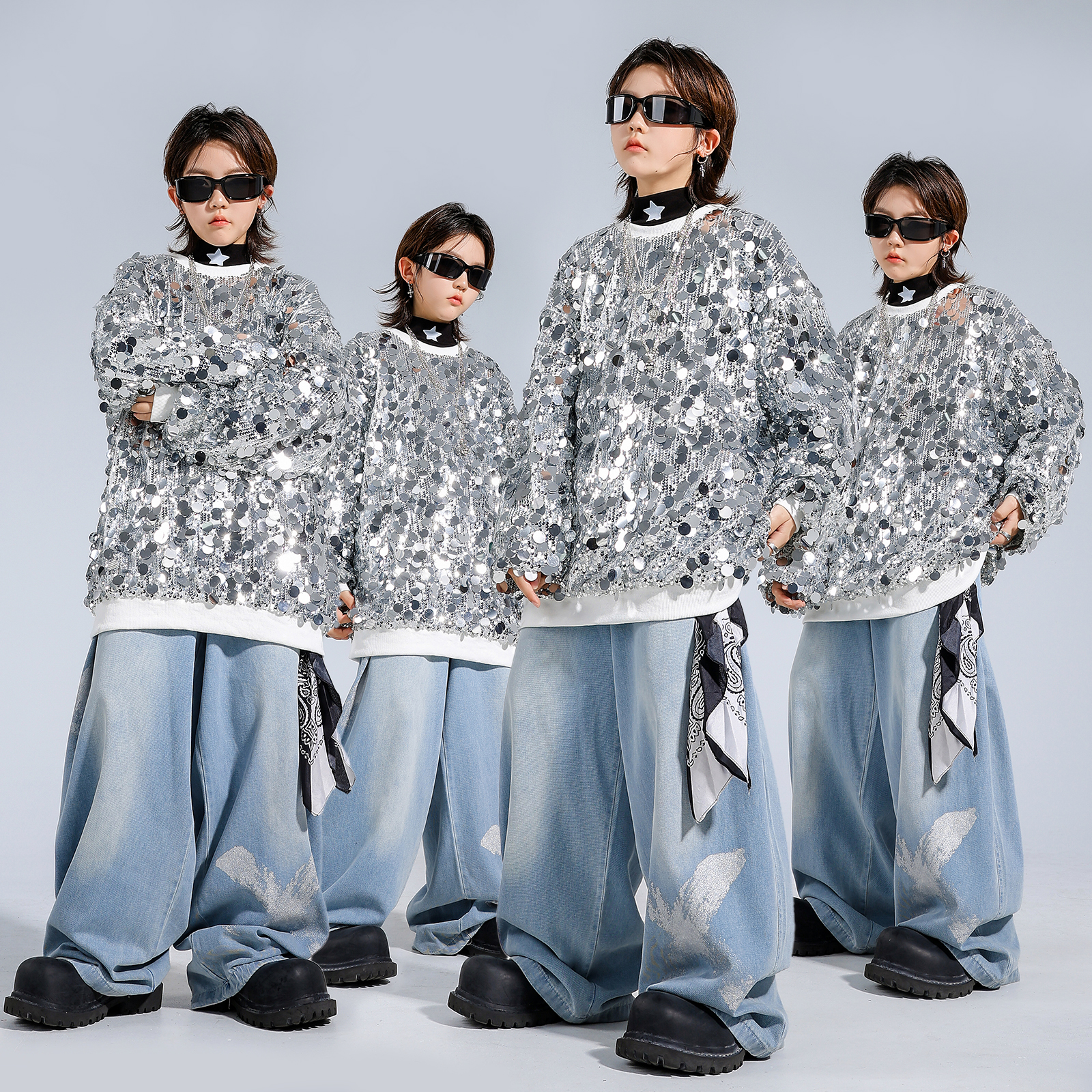 儿童街舞潮服少儿元旦亮片演出服套装时髦男女童嘻哈爵士舞蹈服装