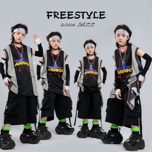 街舞儿童潮服男童演出服嘻哈服装hiphop团体表演服宽松酷帅套装夏