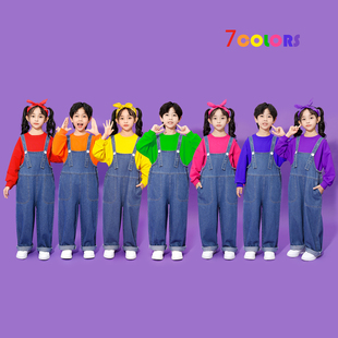 儿童啦啦队演出服小学生合唱舞蹈服装幼儿园元旦表演服可爱背带裤