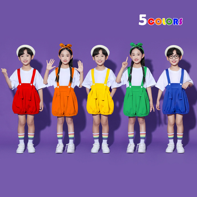 幼儿园六一舞蹈合唱比赛表演服装小学生背带裤儿童啦啦队演出服夏