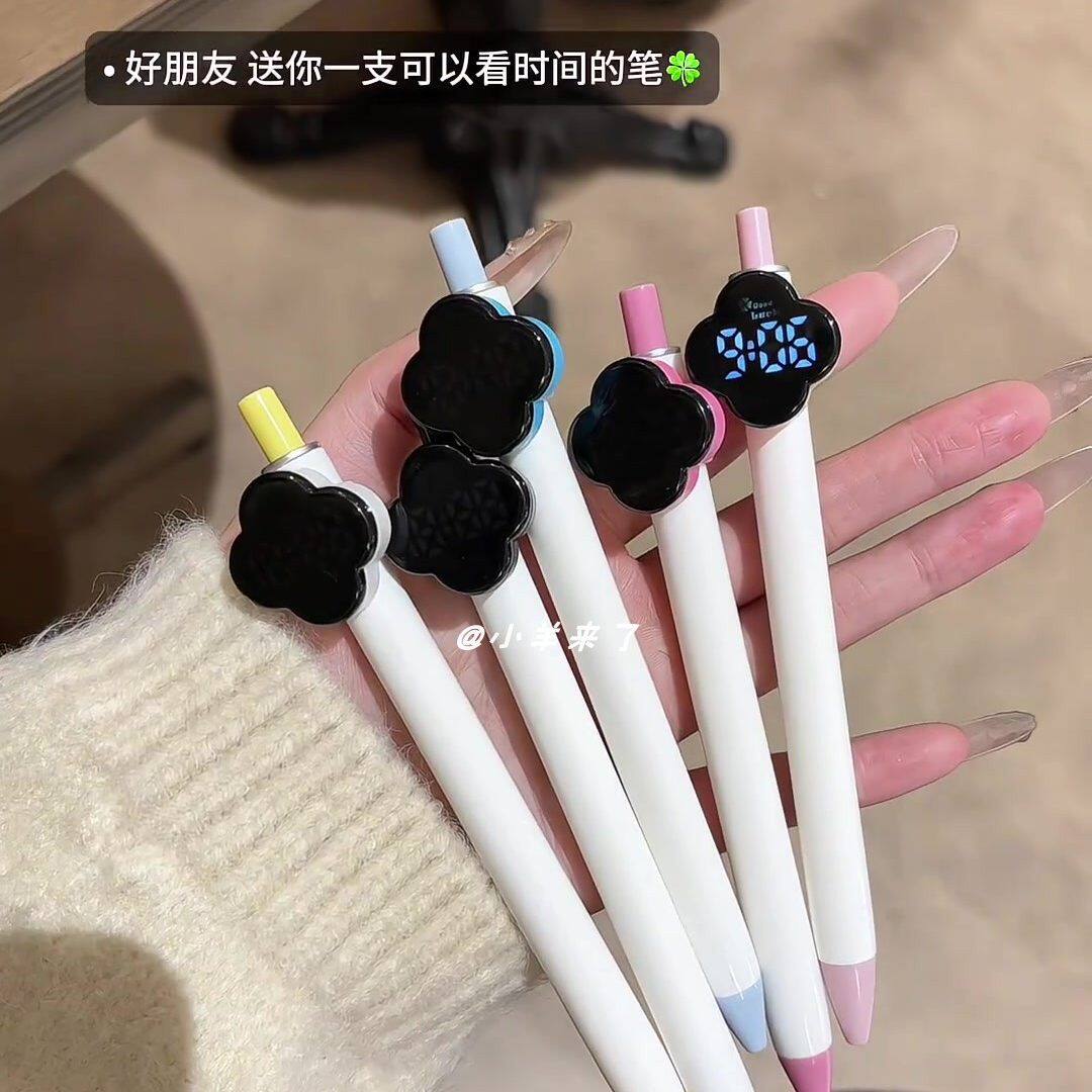 小巧幸运四叶草笔套小时钟静音可看时间小学生LED中性笔学生笔