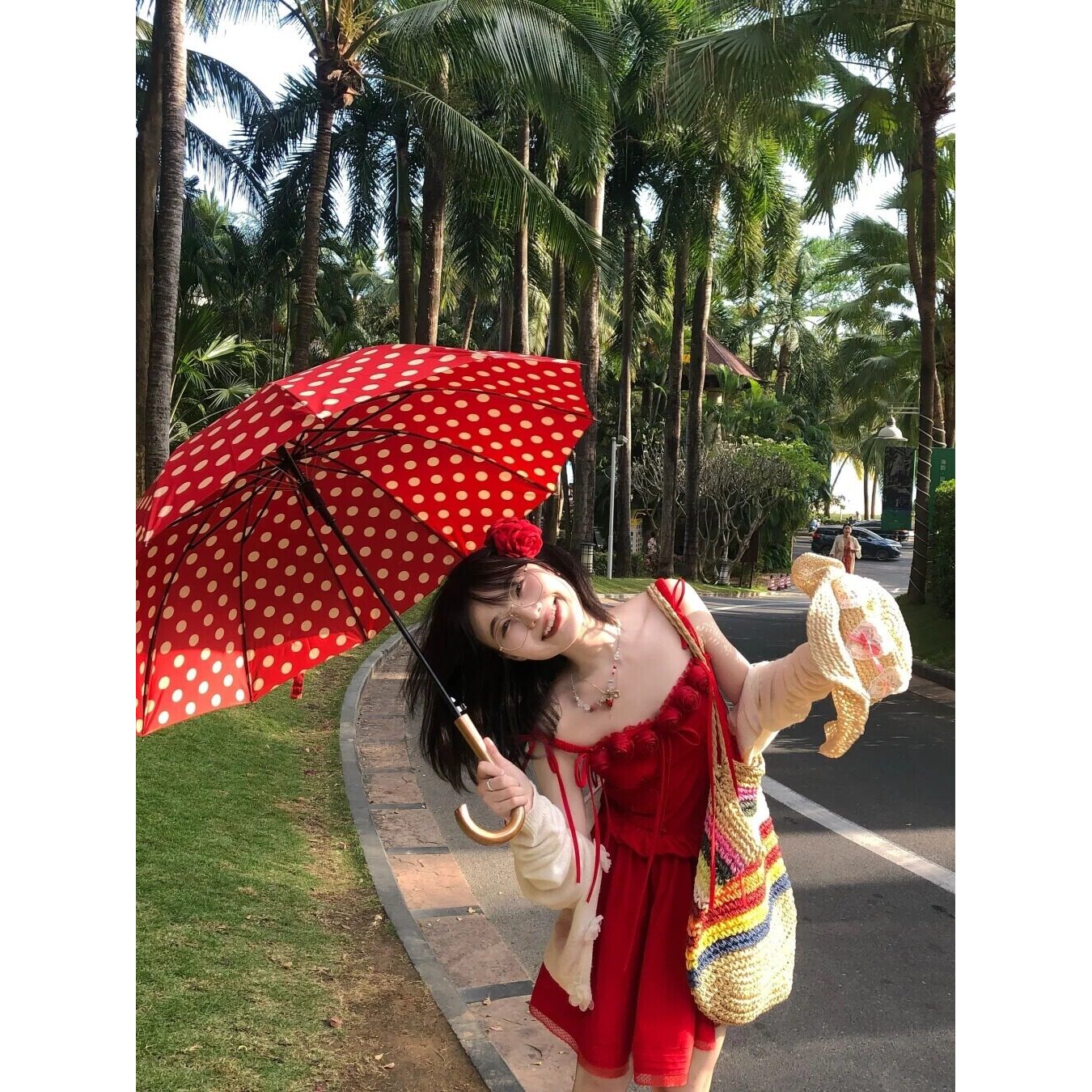 红色波点雨伞加大厚女复古拍照道具结婚好看高颜值两用直杆长柄伞