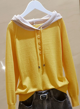连帽毛衣女套头宽松长袖线衣春秋季针织衫百搭上衣内搭黄色打底衫