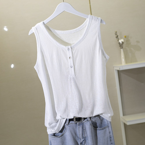 纯棉背心T恤夏无袖纽扣薄款上衣