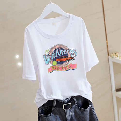 纯色短袖印花圆领大版t恤