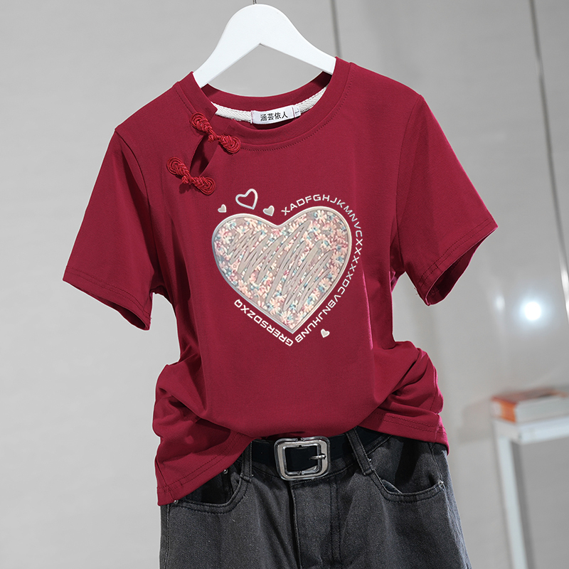 新中式国风盘扣开叉短袖t恤女夏季小个子爱心设计感纯棉复古上衣