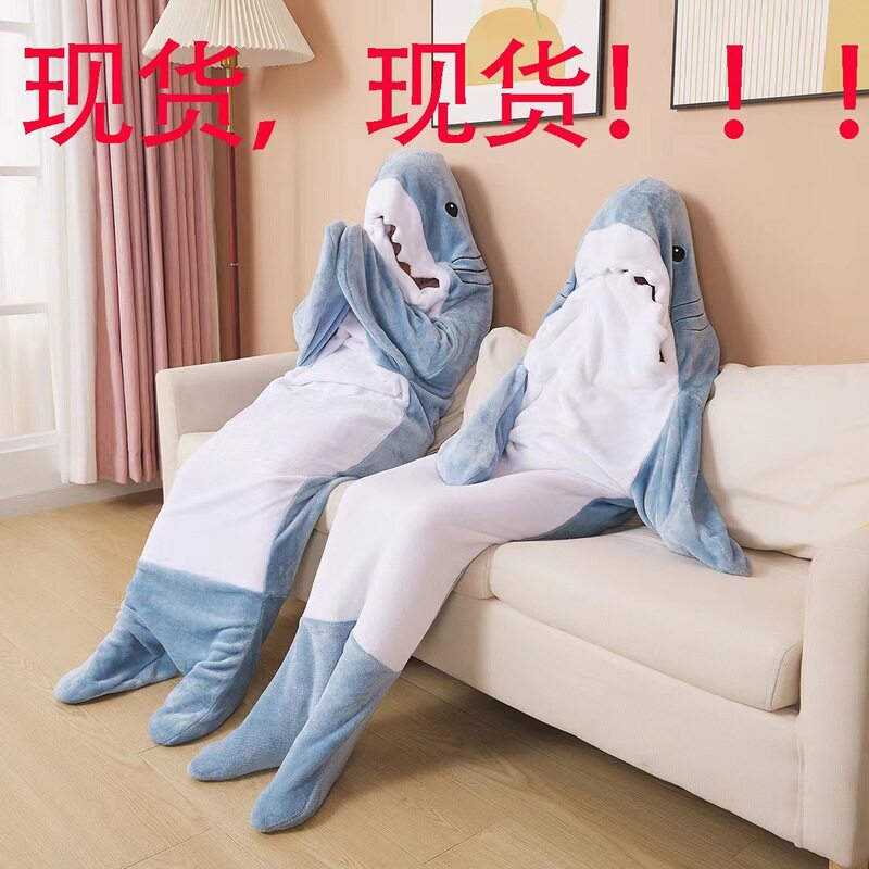 鲨鱼毛毯鲨鱼睡衣空调毯子超柔软法兰绒连帽衫睡袋宽松连体衣成人