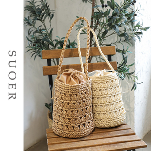 度假风草编包大容量单肩包 法式 小众镂空水桶编织包女2022夏季 新款