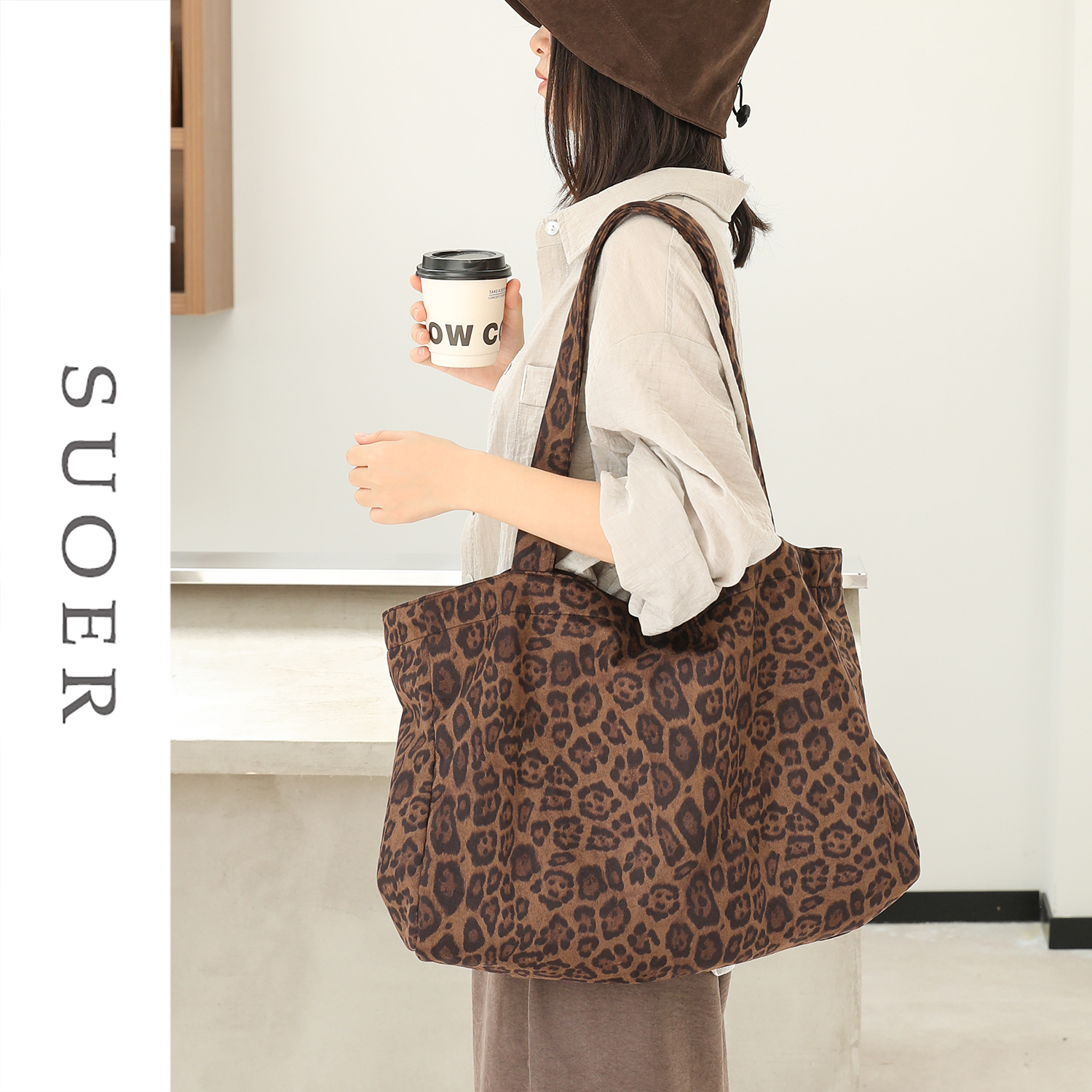 麂皮绒豹纹包包女托特单肩大包