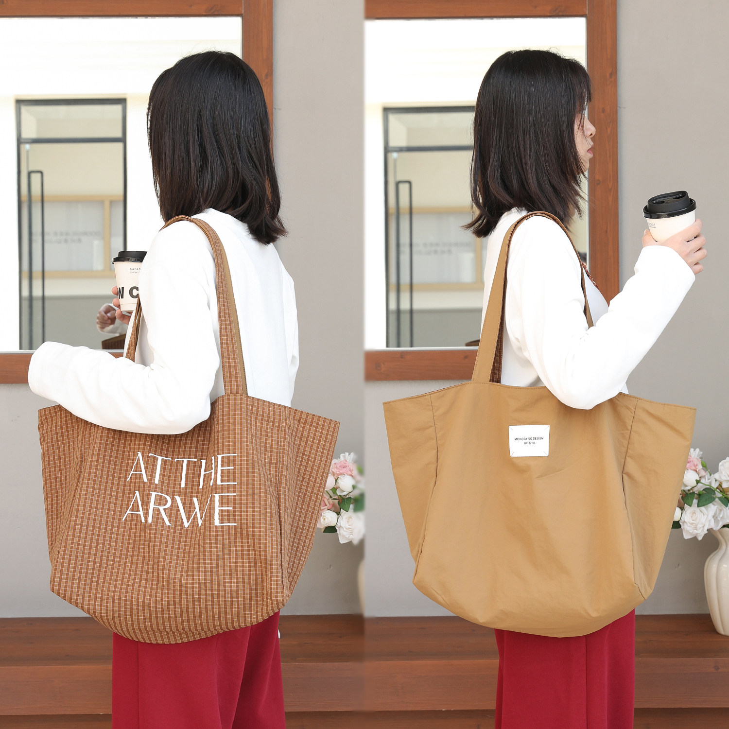 韩版字母尼龙帆布包女大容量慵懒风休闲百搭托特单肩包格纹帆布袋,箱包皮具/热销女包/男包,通用款女包,淘宝优惠券,粉丝福利购,淘宝优惠卷