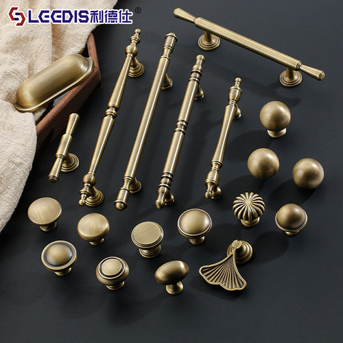 中古风复古实心黄铜柜门拉手