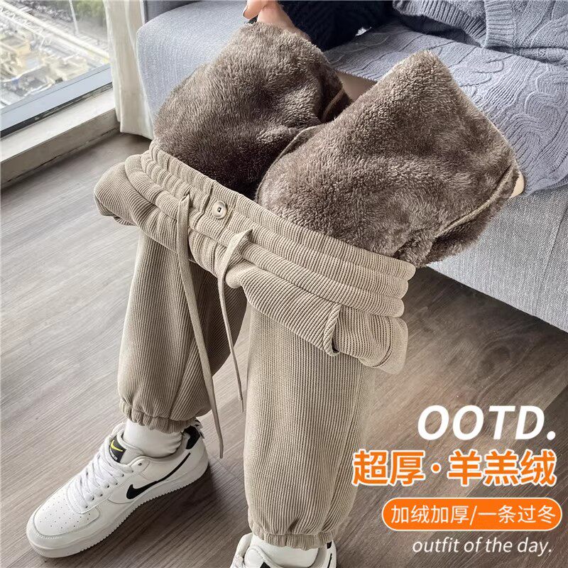 加绒裤子女秋冬季羊羔绒运动卫裤2025新款东北特厚一体灯芯绒女裤
