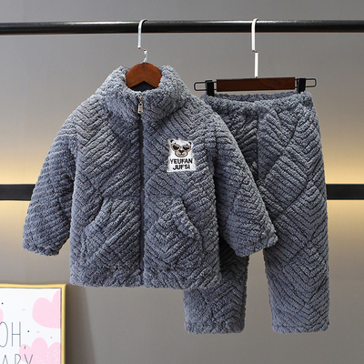 冬季法兰绒三层夹棉拉链加厚睡衣