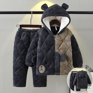 男童睡衣网红爆款冬季加厚三层夹棉珊瑚绒套装男儿童法兰绒家居服