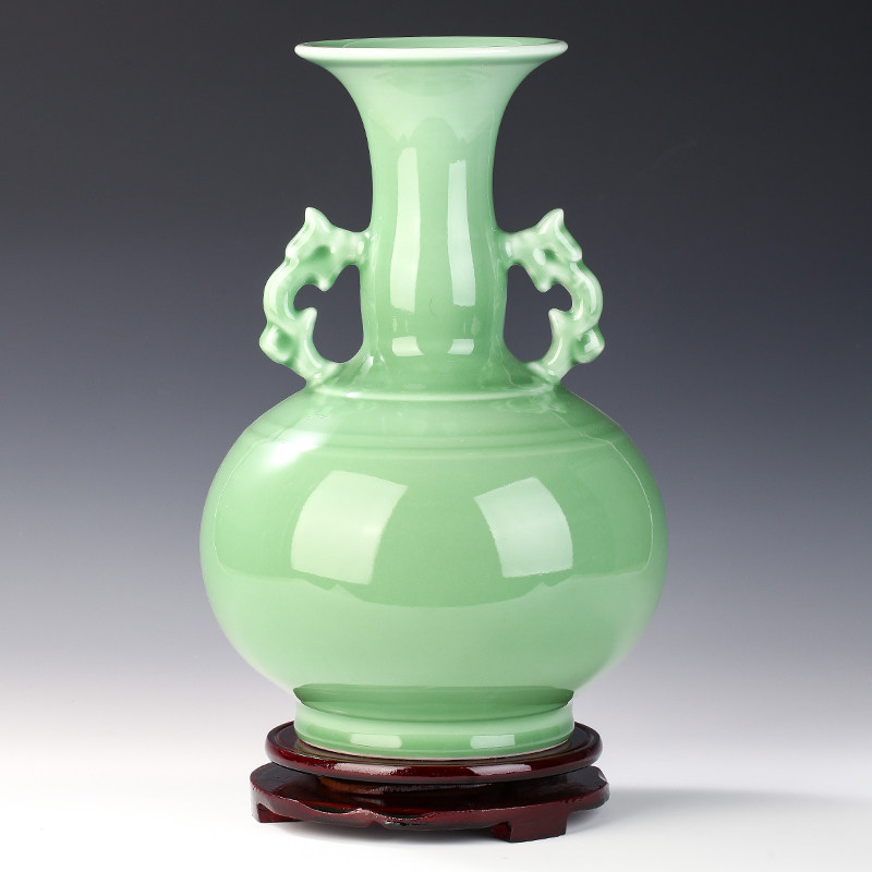 景德镇陶瓷器雕刻手工影青釉双耳花瓶插花中式客厅酒柜摆件装饰品