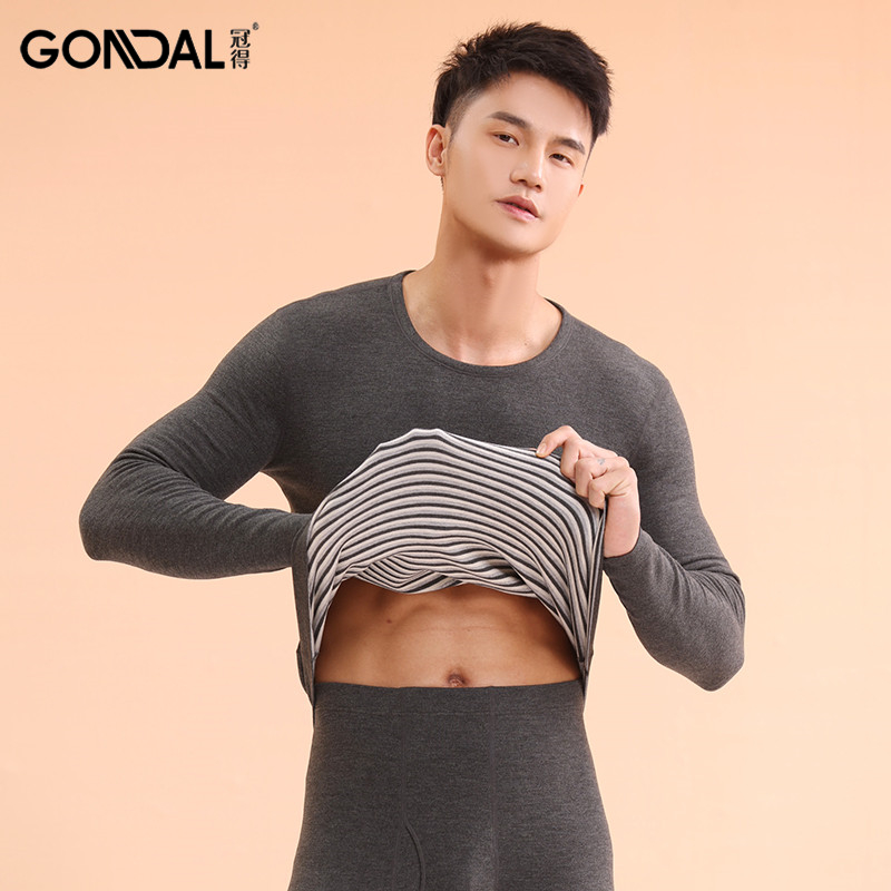 冠得长袖男士保暖内衣含羊绒条纹