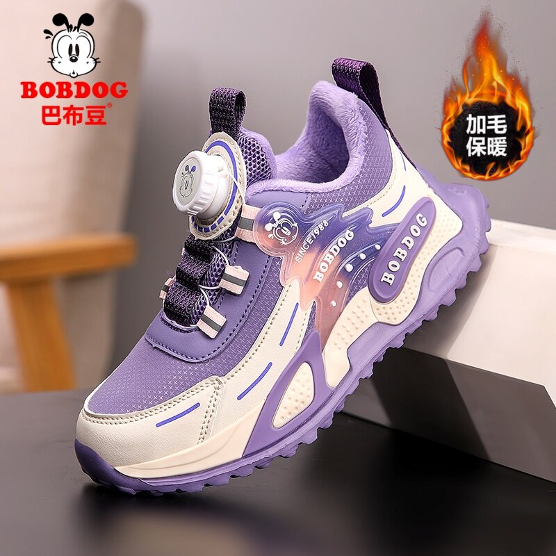 巴布豆冬季女童棉鞋加绒保暖皮面防水儿童二棉鞋女孩中大童运动鞋