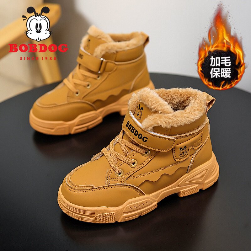 巴布豆冬季新款男童棉鞋加绒保暖大棉鞋儿童户外登山鞋女童马丁靴