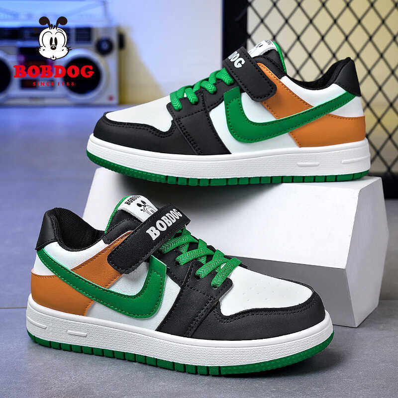 巴布豆男童板鞋皮面防水春秋季男孩休闲中邦软底板鞋儿童中大童鞋