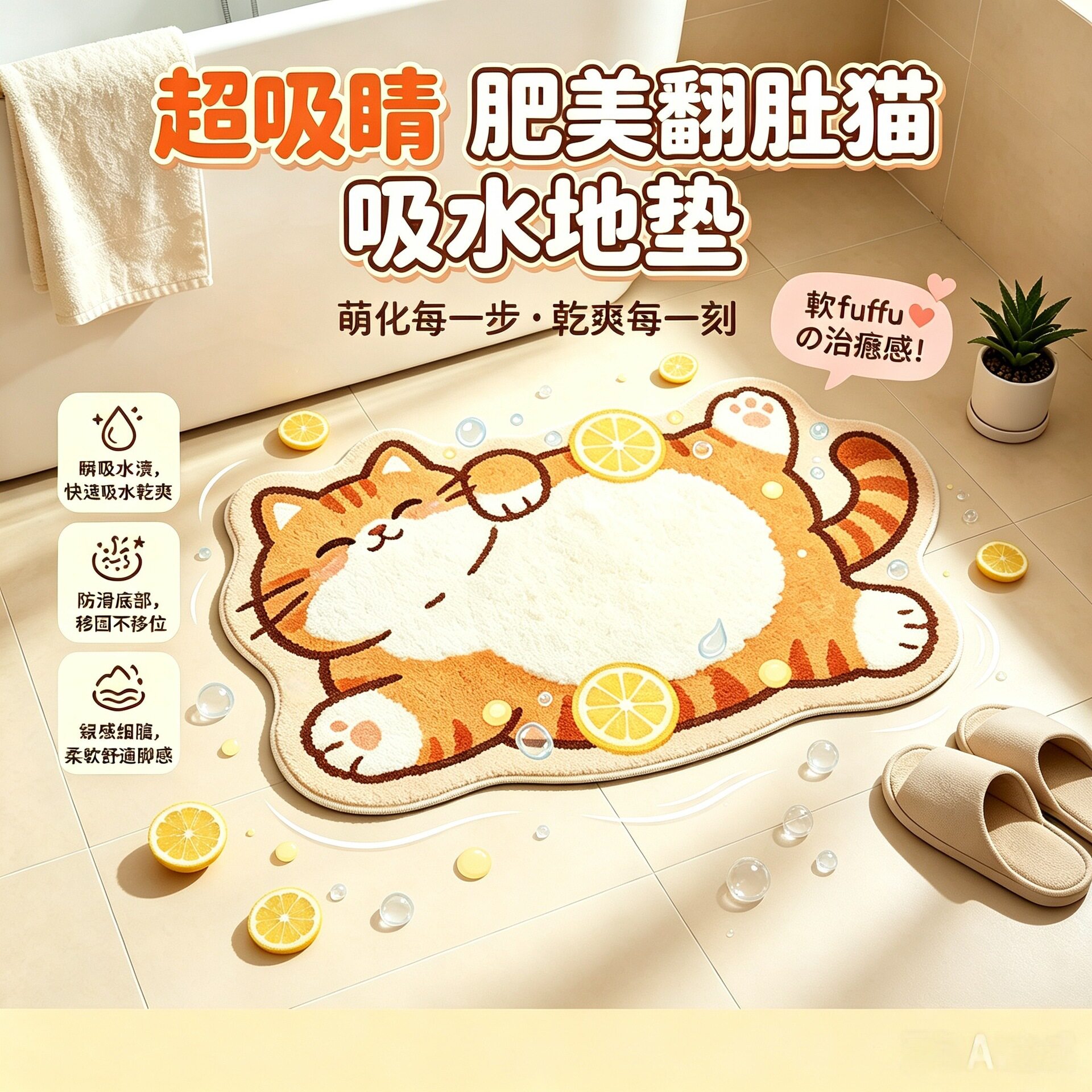 卡通可爱猫咪仿羊绒地垫卫生间门口吸水速干门垫毛绒亲肤床边脚垫