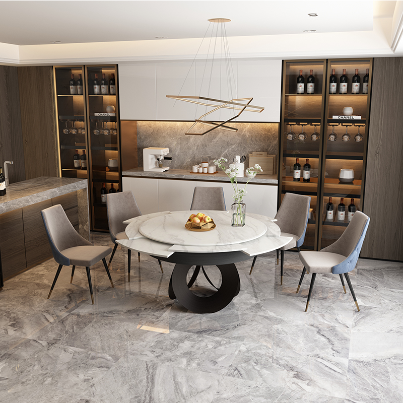 现代简约伸缩折叠岩板圆餐桌家用