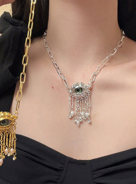 日系coopkoop中古金属中古恶魔之眼项链珍珠流苏吊坠颈链小众