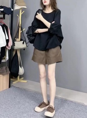 日本cherrykoko夏季新款黑色防晒宽松上衣休闲阔腿短裤女装
