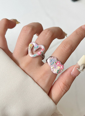 日系CoopKoop甜美奶油粉镂空爱心戒指小众设计感雕刻彩色干花