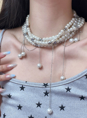 日系CoopKoop法式多层仿珍珠叠戴流苏项链女小众设计感时尚气质