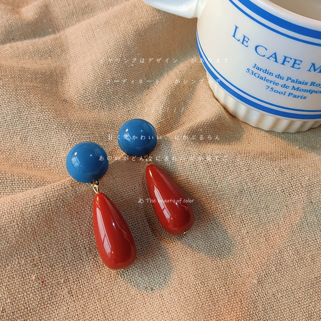 日系coopkoopvintage美人925银针树脂撞色耳钉 复古唯美超仙耳饰