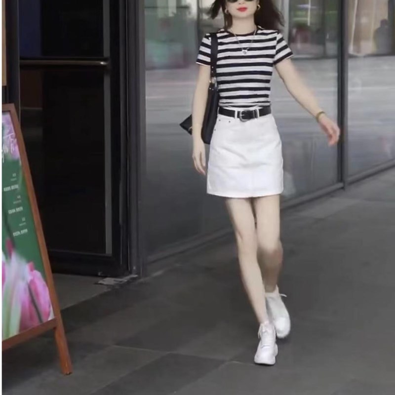 日系coopkoop夏季新款圆领条纹上衣时尚白色半身短裙女潮