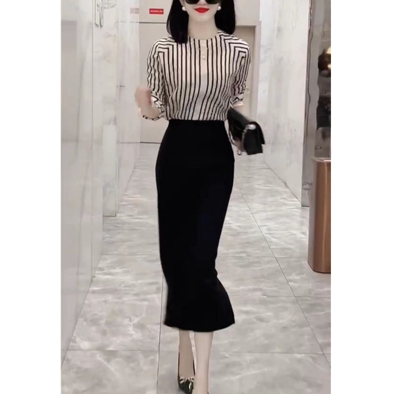 日系coopkoop春夏新款圆领条纹衬衫高腰包臀半身裙女