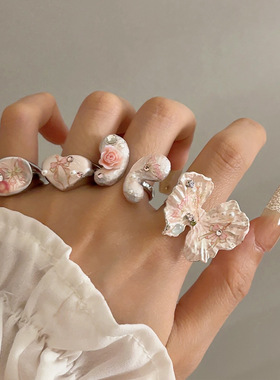 日系CoopKoop法式复古彩色珐琅蝴蝶戒指小众设计感爱心花朵食指