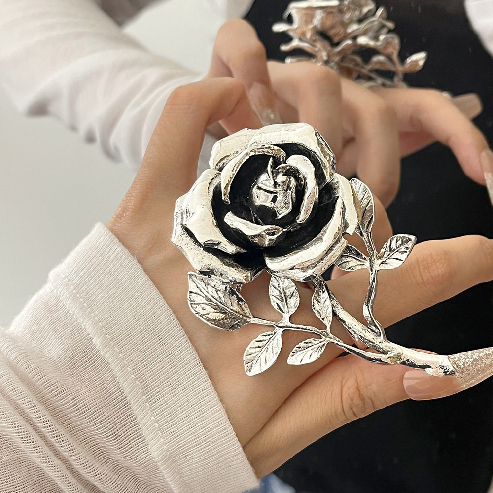 日系coopkoop欧美复古金属立体玫瑰花朵长款戒指女新款个性双指