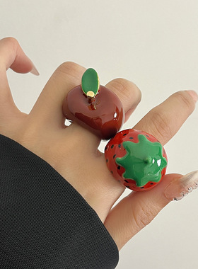 日系CoopKoop小众设计珐琅滴油缤纷草莓戒指女轻奢高级感指环