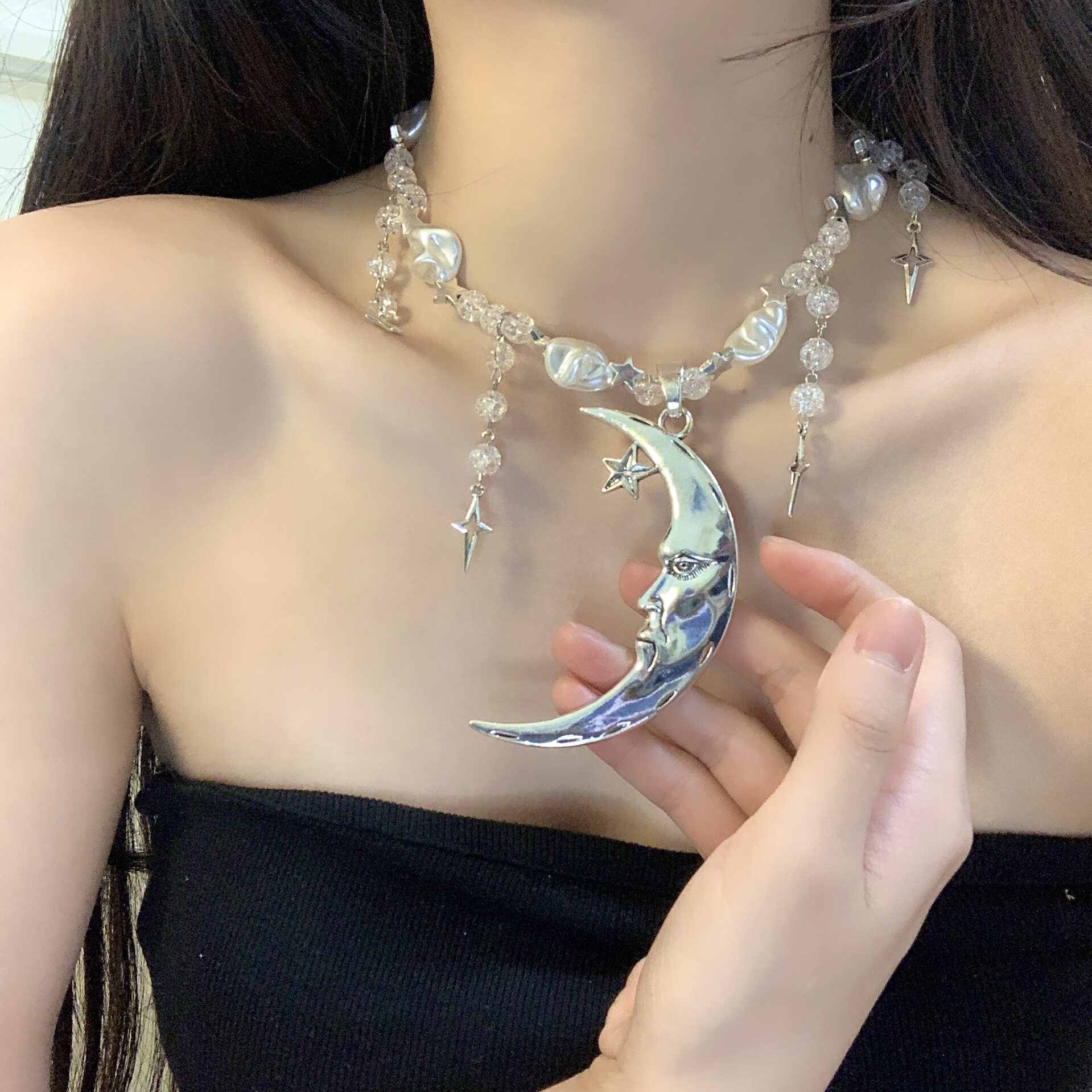 日系CoopKoop欧美月亮珍珠拼接项链女锁骨链潮镶钻流苏吊坠月牙