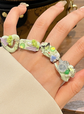 日系CoopKoop小香风手工珐琅花朵蝴蝶戒指 甜酷Y2K轻奢高级感抹