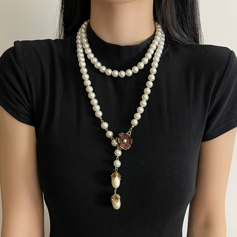 日系CoopKoop法式复古巴洛克珍珠项链女长款小众设计花朵锁骨