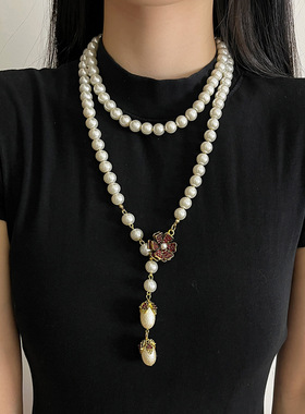 日系CoopKoop法式复古巴洛克珍珠项链女长款小众设计花朵锁骨