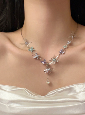 日系CoopKoop甜美彩色镂空立体蝴蝶水晶吊坠项链小众设计高级感