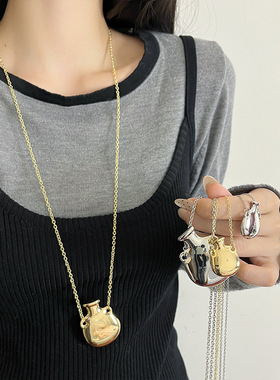 日系coopkoopt家大小号银色酒壶吊坠项链女复古长款毛衣链秋冬