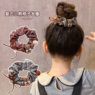 女童韩系复古格纹发圈儿童可爱小熊蝴蝶结发绳小女孩扎头发不伤发