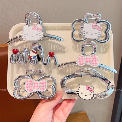 女童银色高级感Hellokitty猫抓夹女孩后脑勺鲨鱼夹儿童盘发夹发抓