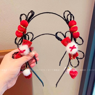 儿童汉服假发辫发箍女童新年中式红色糖葫芦头箍小女孩不勒头发卡