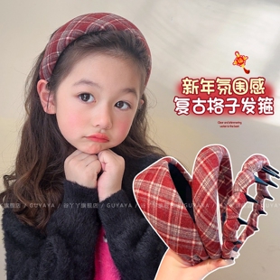 儿童复古红色格纹发箍女童带齿压发头箍小女孩新年红色不伤发头饰