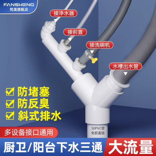 厨卫洗碗机斜口大排量下水三通