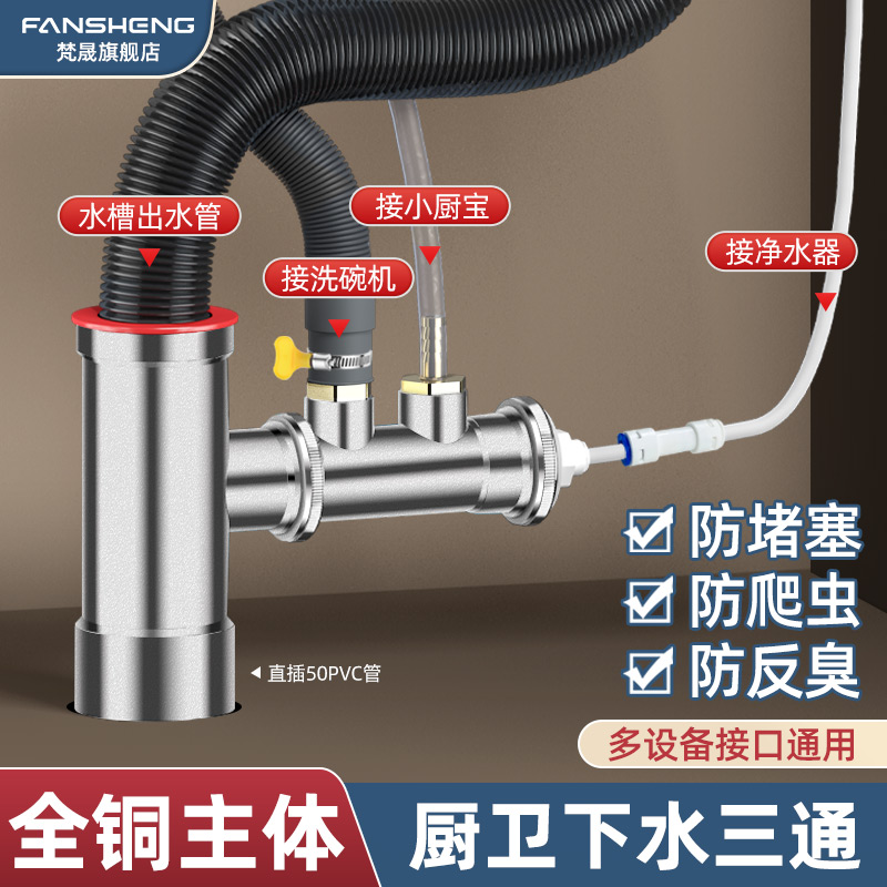 厨房下水管三通全铜水槽洗碗机洗菜盆净水器排水管道防臭分水接头-封面