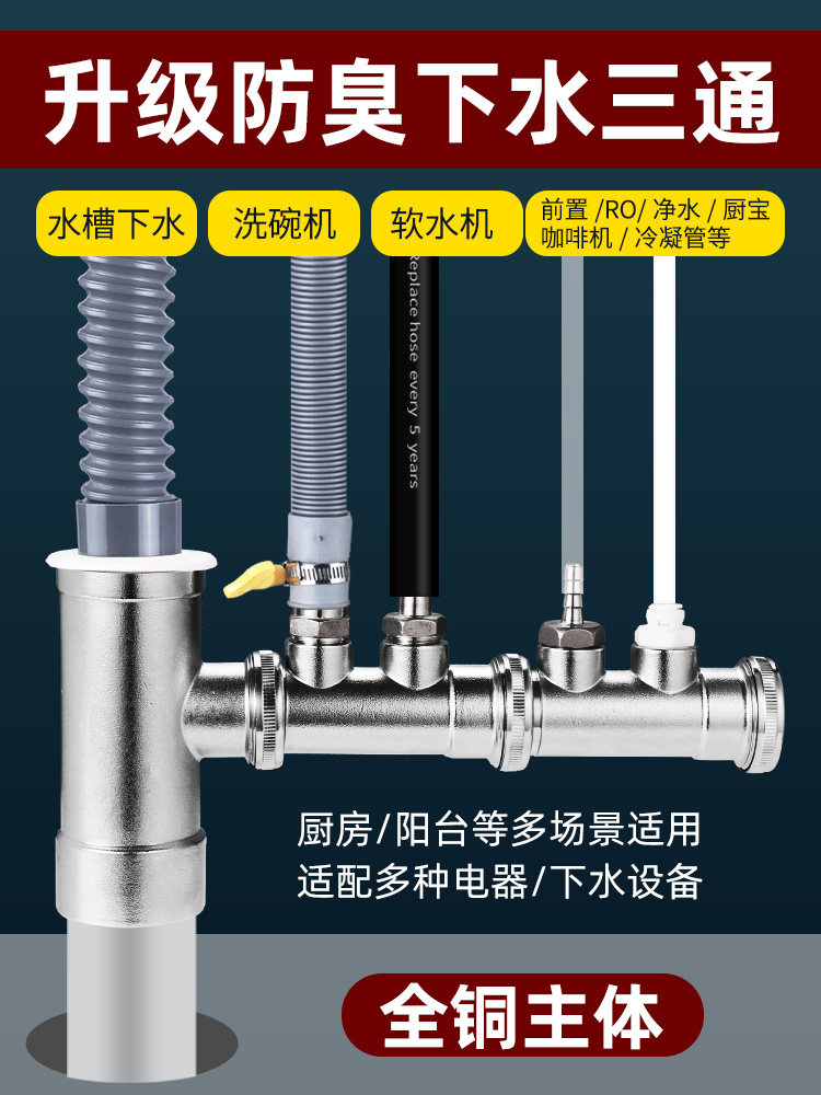 厨房排水三通防臭接头洗碗机净水器排水一对二下水管密封分流四通